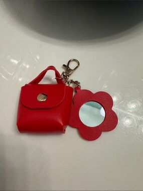 Red Flower Mirror Keychain with Mini Pouch